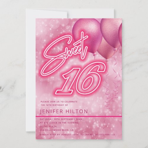 Cool modern pink balloon  neon sweet 16 invitation