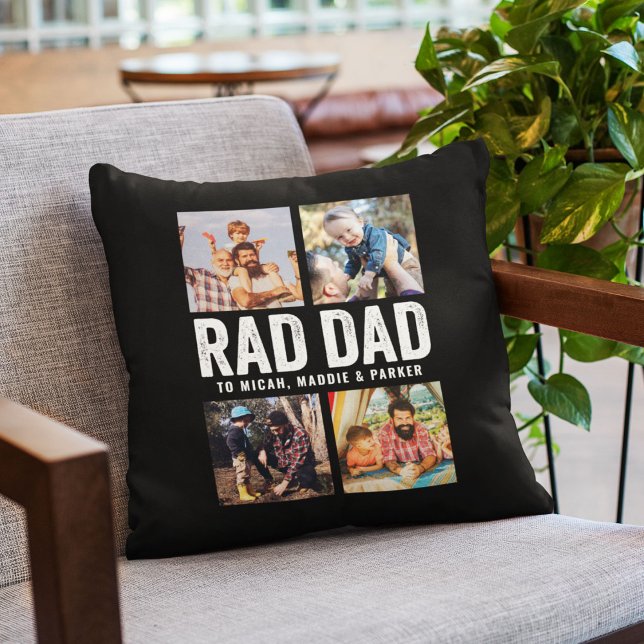 Cool Modern RAD DAD Custom Photo Kid Names Photo Throw Pillow (Creator Uploaded)