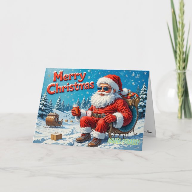 Cool Modern Santa in Snowy Forest  Holiday Card (Front)