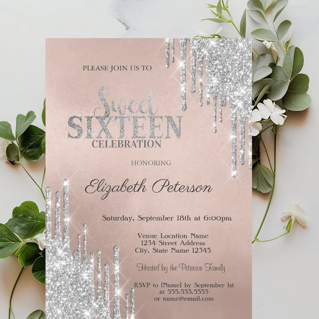 Cool Modern Silver Glitter Drips Sweet 16   Invitation (Creator Uploaded)