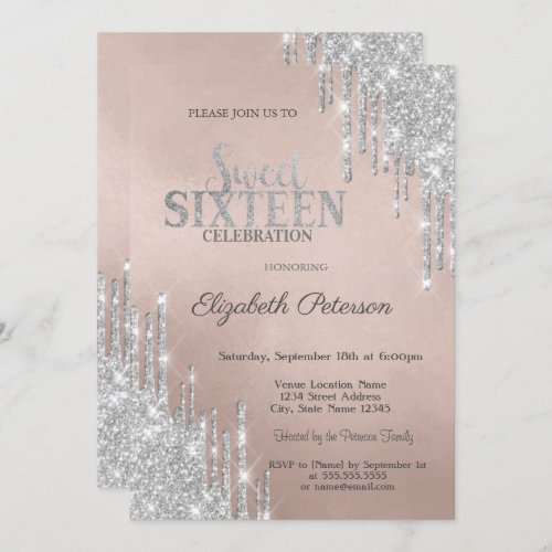 Cool Modern Silver Glitter Drips Sweet 16   Invitation