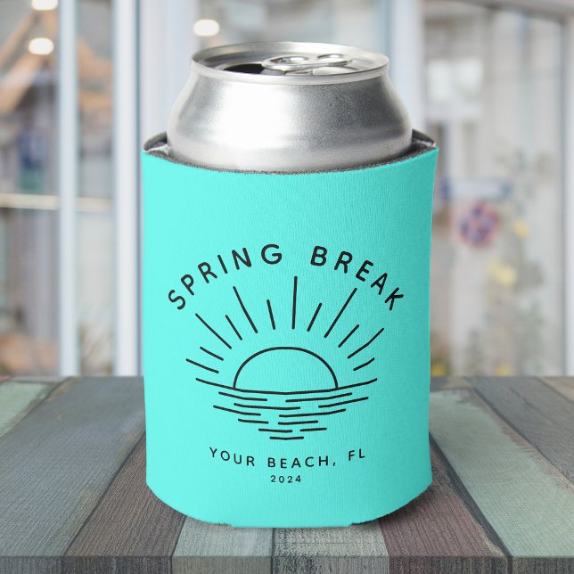 Cool Modern Spring Break Custom Location  Can Cooler (A light turquoise can cooler with "Spring Break" and a minimalist sunset design + custom text)
