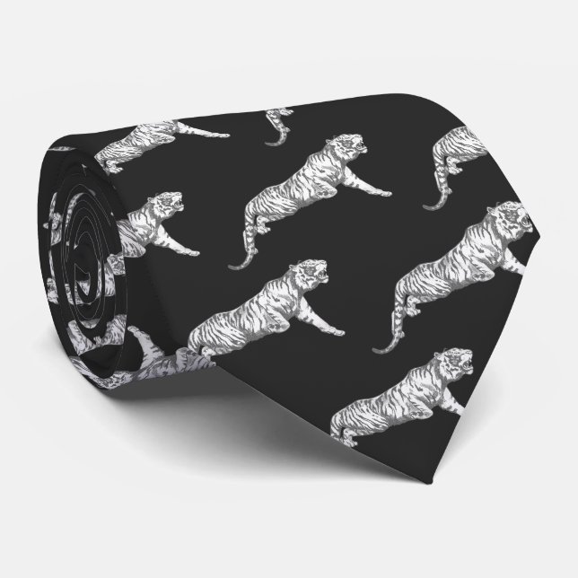 Cool Modern Trendy Silver Gray Tiger on Black Neck Tie (Rolled)