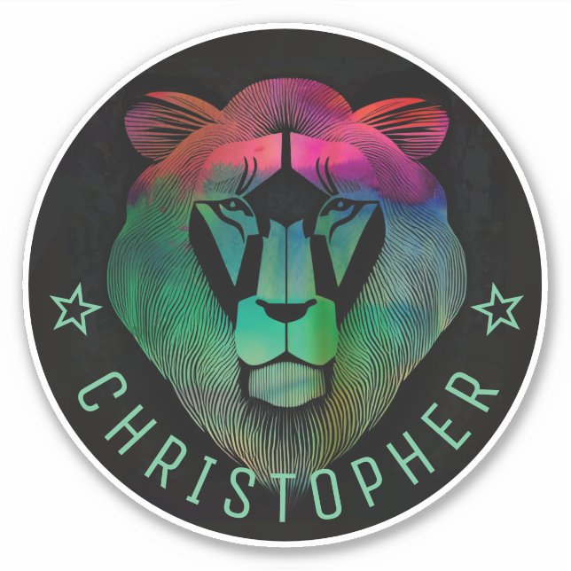   Cool Modern Watercolor Colorful Lion Custom Name Sticker (Front)