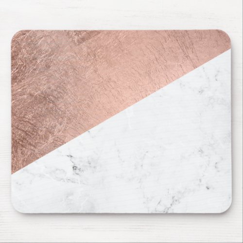 Cool modern white marble rose gold color block mouse pad