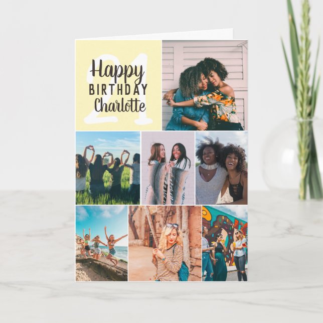 Cool modern yellow photos collage grid 21 birthday card (Front)