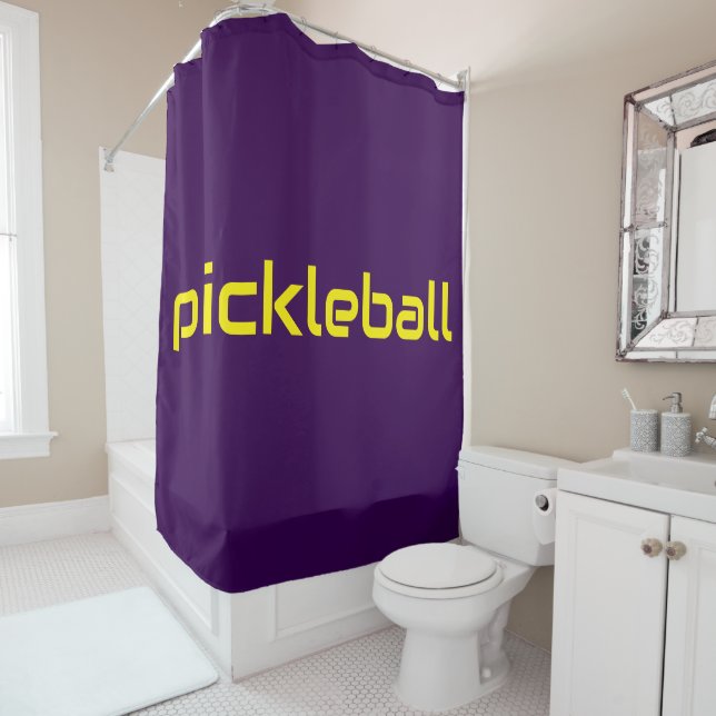 Cool Modern Yellow PICKLEBALL Text On Deep Purple Shower Curtain (In Situ)