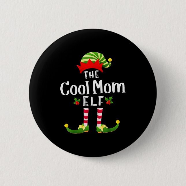 Cool Mom Christmas Elf Matching Pajama X-mas Party Button (Front)