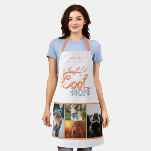 Cool Mom Hand Lettering Mother`s Day 4 Photo  Apron - Cool Mom Hand Lettering Mother`s Day 4 Photo Apron. Artistic handwriting and drawing in orange and blue. Add 4 photos and name and make a great gift for best mom for Mother`s Day, birthday or Christmas.