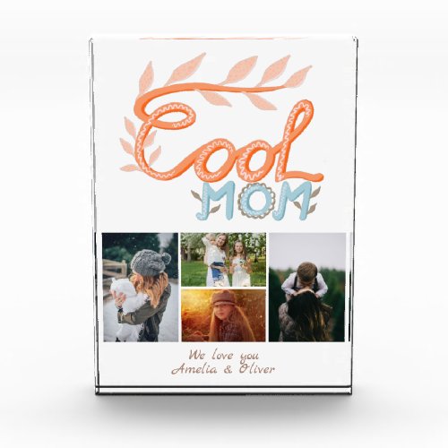 Cool Mom Hand Lettering Mother`s Day 4 Photo Block - Cool Mom Hand Lettering Mother`s Day 4 Photo Photo Block. Artistic handwriting and drawing in orange and pastel blue. Add 4 photos, names and make a great gift for best mom for Mother`s Day, birthday or Christmas.