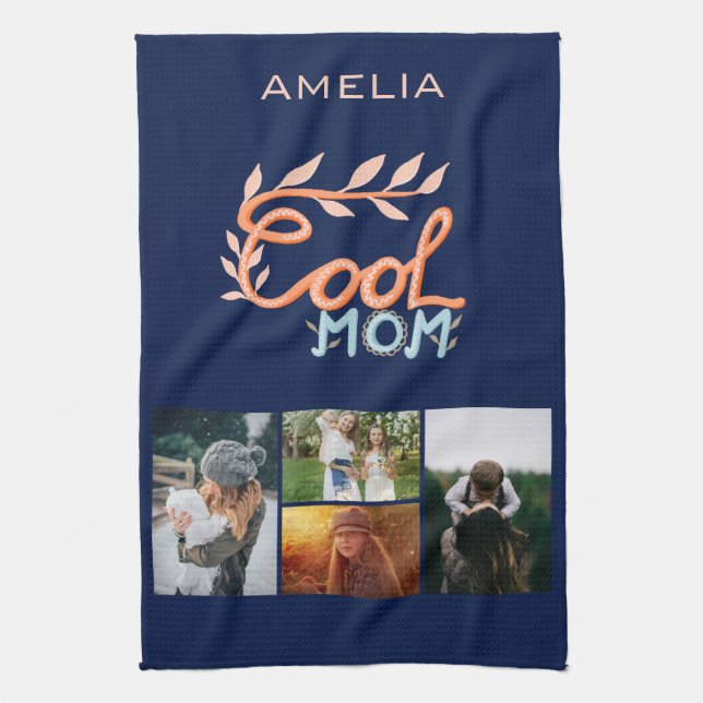 Cool Mom Hand Lettering Mother`s Day 4 Photo Kitchen Towel (Vertical)