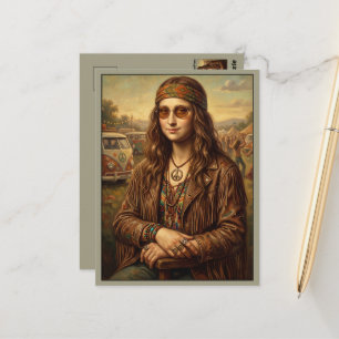 Cool Mona Lisa Hippie Campervan Postcard