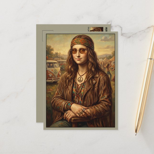 Cool Mona Lisa Hippie Campervan Postcard (Front/Back In Situ)