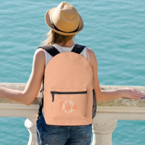 Cool Monochrome Peach Modern Script Monogram Printed Backpack