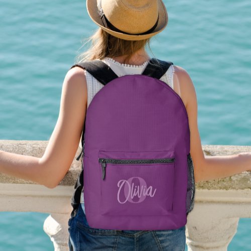 Cool Monochrome Purple Modern Script Monogram Printed Backpack