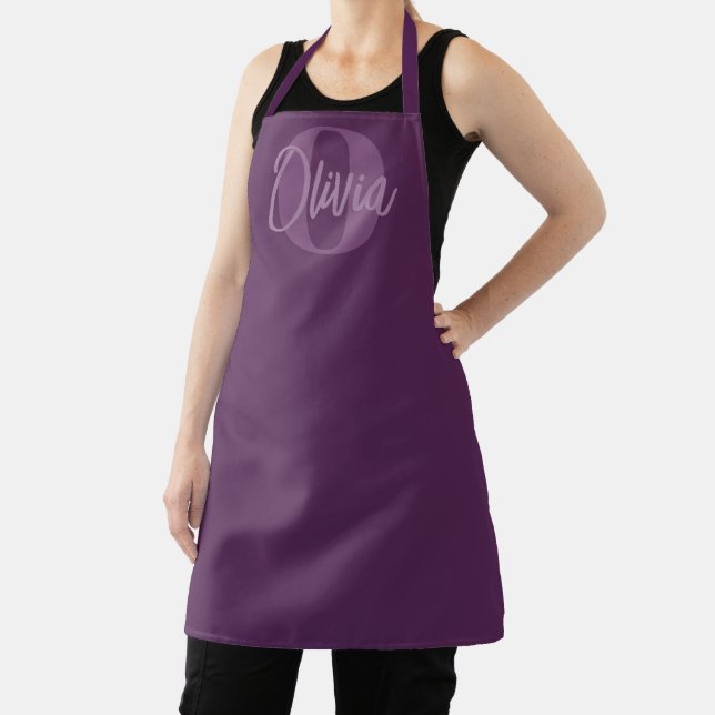Cool Monochrome Purple Trendy Script Monogram Apron (Insitu)