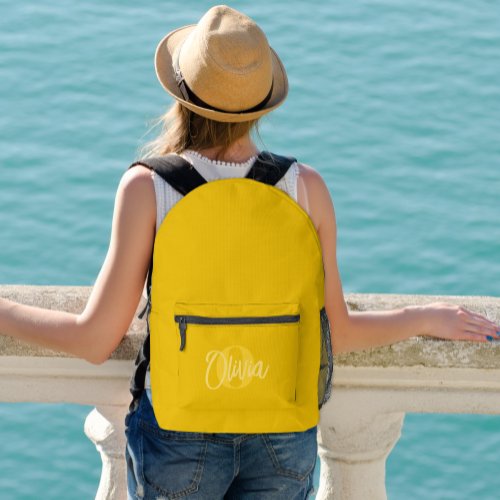 Cool Monochrome Yellow Modern Script Monogram Printed Backpack