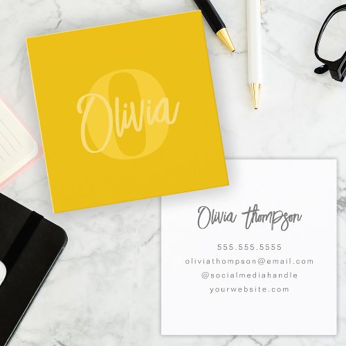 Cool Monochrome Yellow Trendy Script Monogram Square Business Card