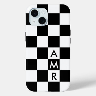 Cool Monogram Black White Checkered Pattern iPhone 15 Case