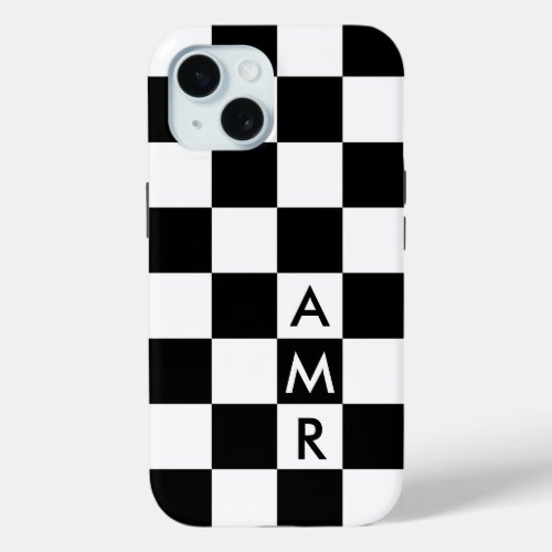 Cool Monogram Black White Checkered Pattern iPhone 15 Case