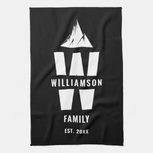 Cool Monogram Family Name Mountains Black White Kitchen Towel