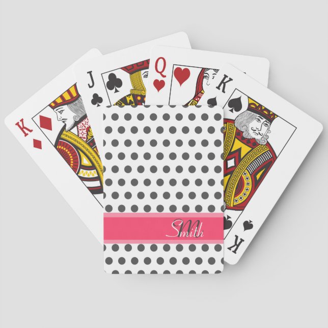 Cool monogram grey large polka dots pattern poker cards (Back)