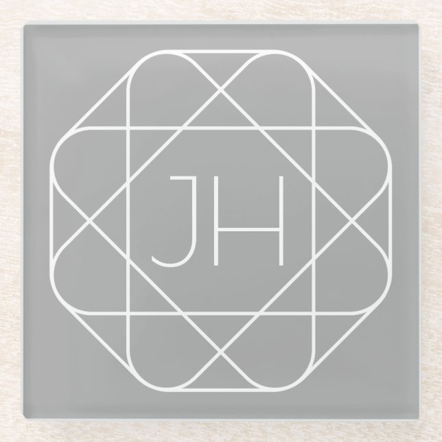 Cool Monogram, Hip Logo Style Vibe | Grey & White Glass Coaster (Front)