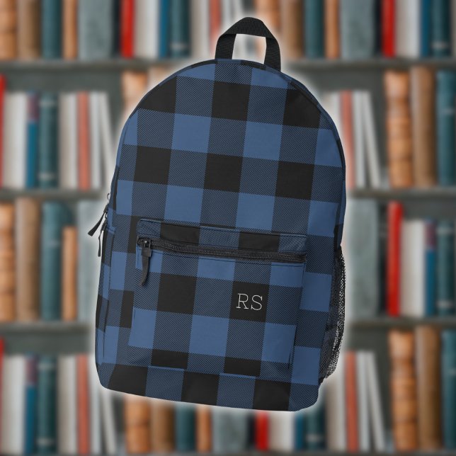 Cool Monogram Initials Blue Gingham Buffalo Check Printed Backpack (Creator Uploaded)