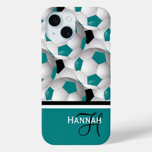 Cool Monogram Teal Black Soccer Ball Pattern iPhone 15 Case