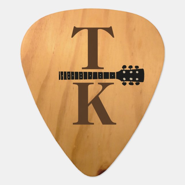 Cool Monogram with Guitar-Neck Rustic Wood Guitar Pick (Front)