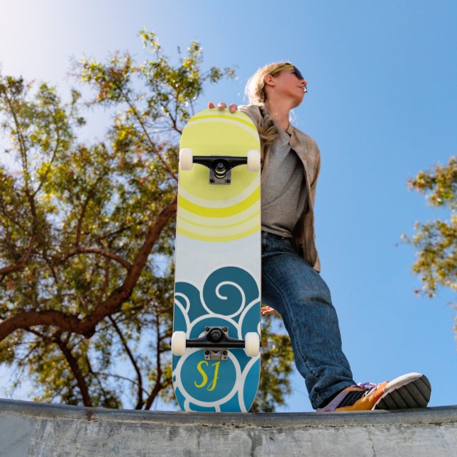Cool Monogrammed Sunshine with Waves Skateboard (Outdoor 1)