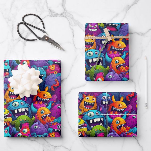 Cool monster party unisex kids wrapping paper sheets (Front)