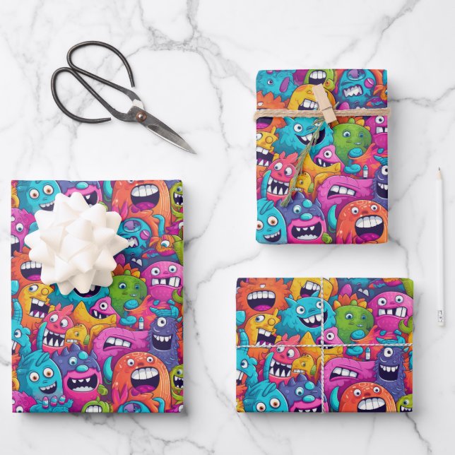 Cool monster party unisex kids  wrapping paper sheets (Front)