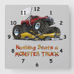 Cool Monster Truck Crushing a Car Drawing Square Wall Clock