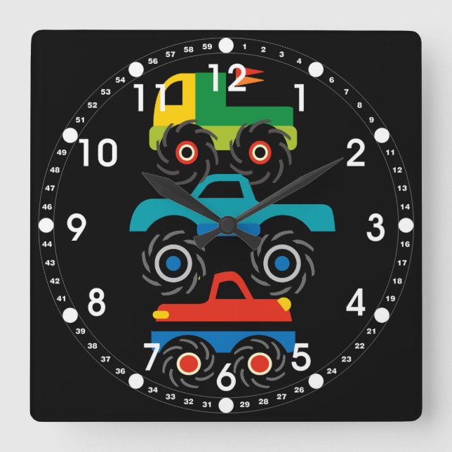 Cool Monster Trucks Blue Red Green Gifts for Boys Square Wall Clock (Front)