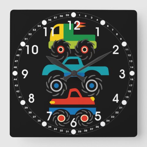 Cool Monster Trucks Blue Red Green Gifts for Boys Square Wall Clock