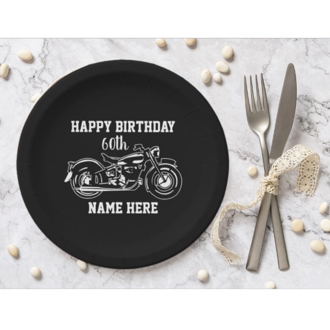 Cool Motorcycle Birthday Name Age Men's Paper Plates (Happy Birthday Plates with a motorcycle theme.)