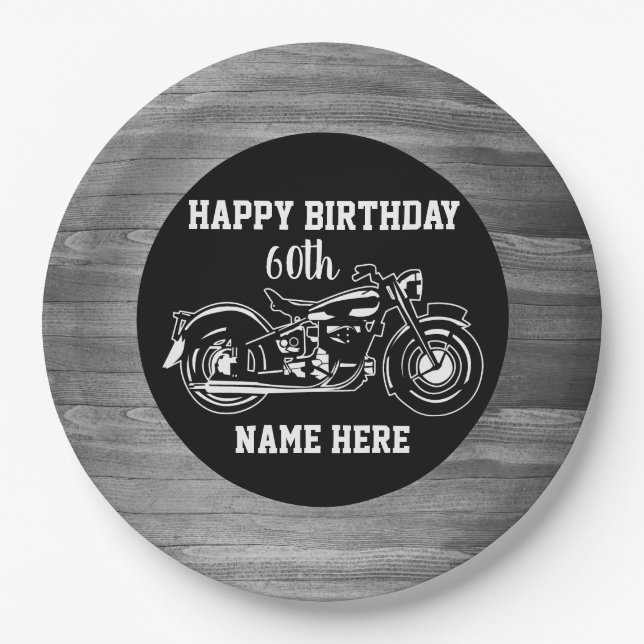 Cool Motorcycle Birthday Name Age Men's Paper Plates (Front)