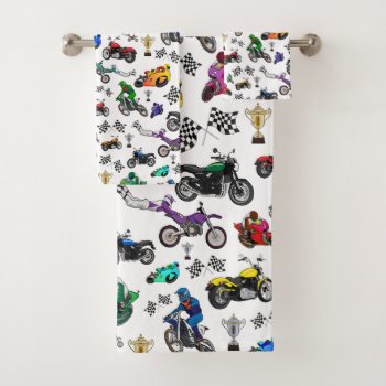 Cool Motorcycle Illustrations Pattern Bath Towel Set by judgeart at Zazzle