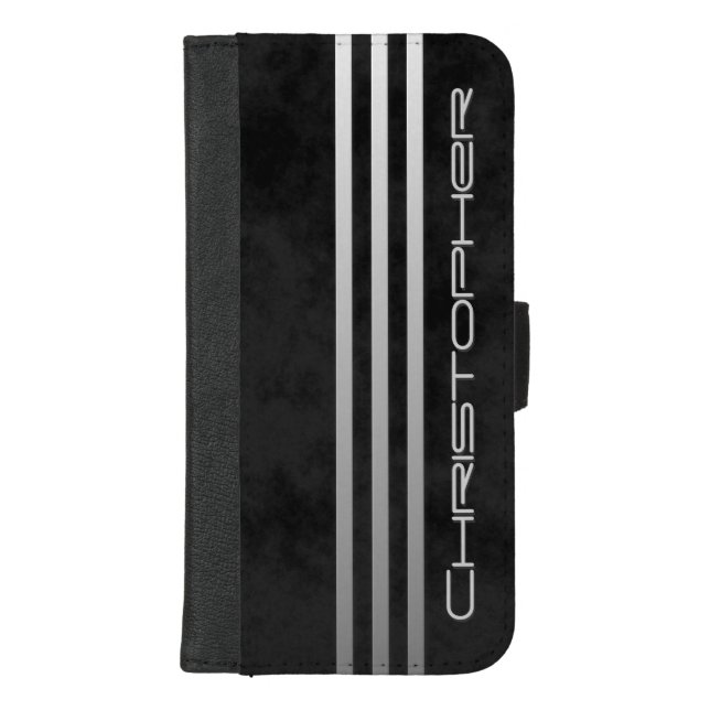 Cool Mottled Black Triple Gradient Bars with Name iPhone Wallet Case (Front)