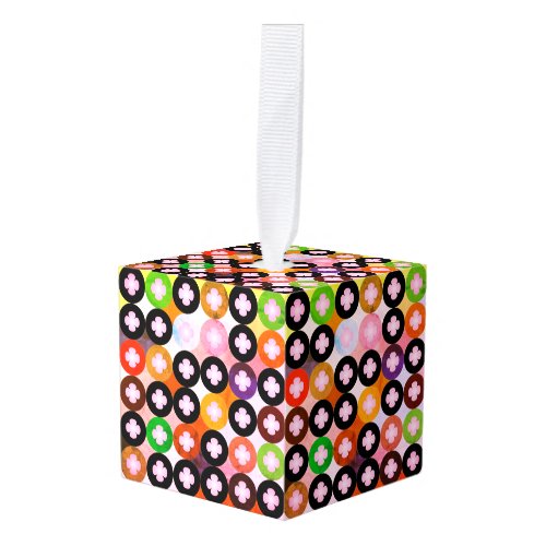 Cool Multi Colored Circles  Pink Clovers Cube Ornament