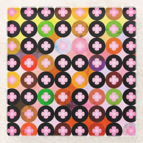 Cool Multi Colored Circles  Pink Clovers Glass Coaster