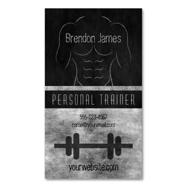 Cool Muscular Muscle Man Black Personal Trainer Magnetic Business Card (Front Vertical)