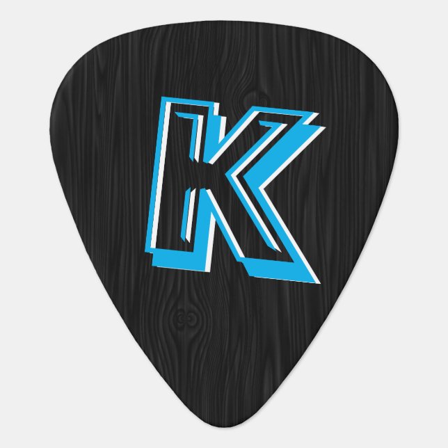 Cool Music Faux Black Wood Blue Monogrammed Custom Guitar Pick (Front)