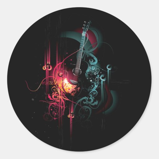 Cool Music Graphic with Guitar Classic Round Sticker | Zazzle