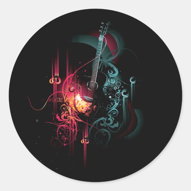 Cool Music Graphic with Guitar Classic Round Sticker (Front)