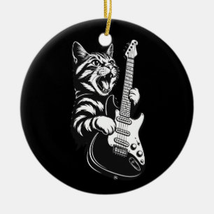 Cool Music Love Rock Cat Playing Electric Guitar Ceramic Ornament