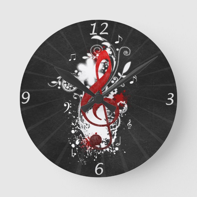 Cool Music notes dotted swirls flowers splatter Round Clock (Front)