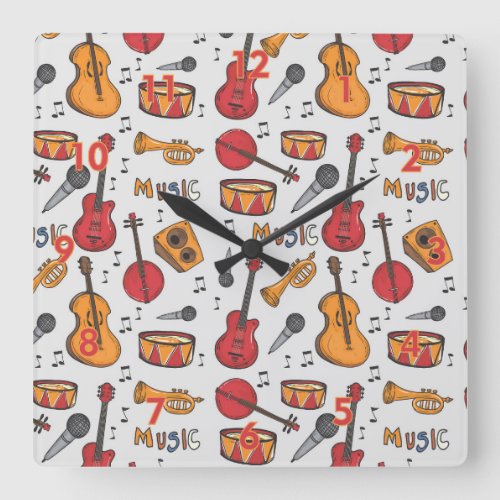 Cool Music Themed Banjo Drums Guitar Violin More Square Wall Clock