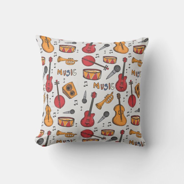 Cool Music Themed Banjo Drums Guitar Violin More Throw Pillow (Front)